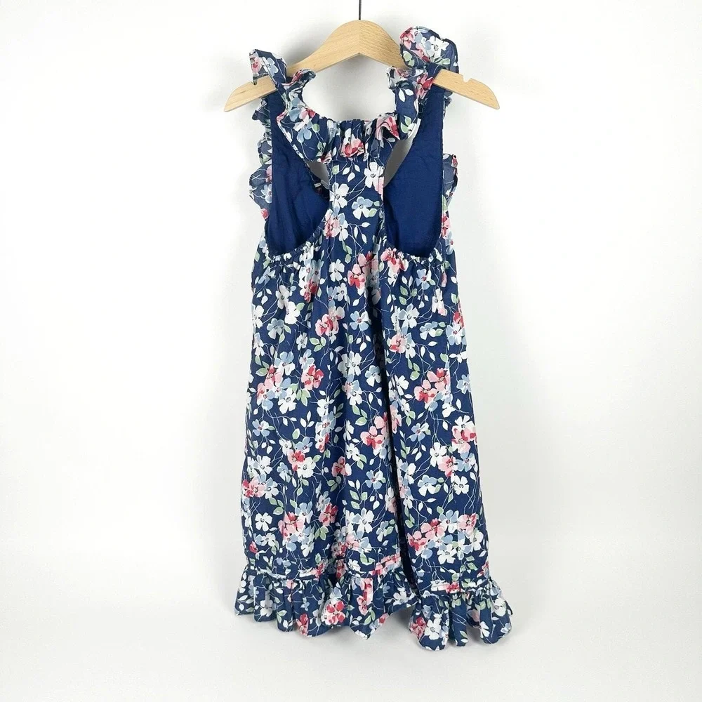 Ralph Lauren Floral Dress Girls 8 Navy Blue‎ Ruffle Racerback Sundress